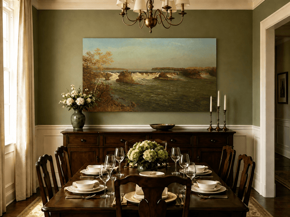 Unframed hand-painted autumn waterfall oil painting with rocky islands and a broad river displayed above a formal dining table.