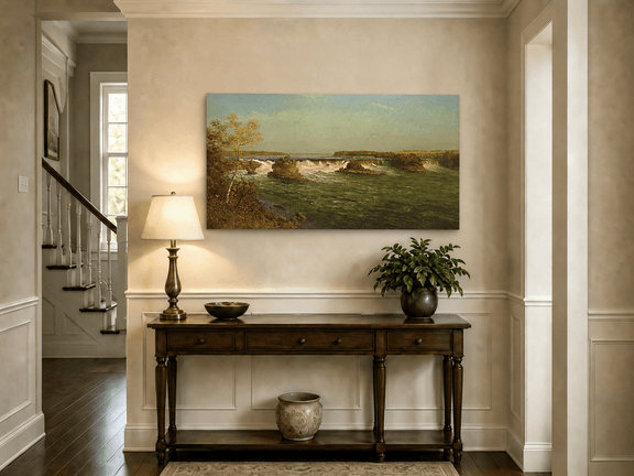Unframed hand-painted autumn waterfall oil painting with rocky islands and a broad river displayed above an entryway console table.
