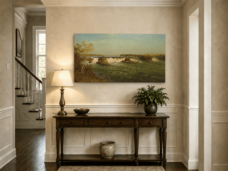 Unframed hand-painted autumn waterfall oil painting with rocky islands and a broad river displayed above an entryway console table.