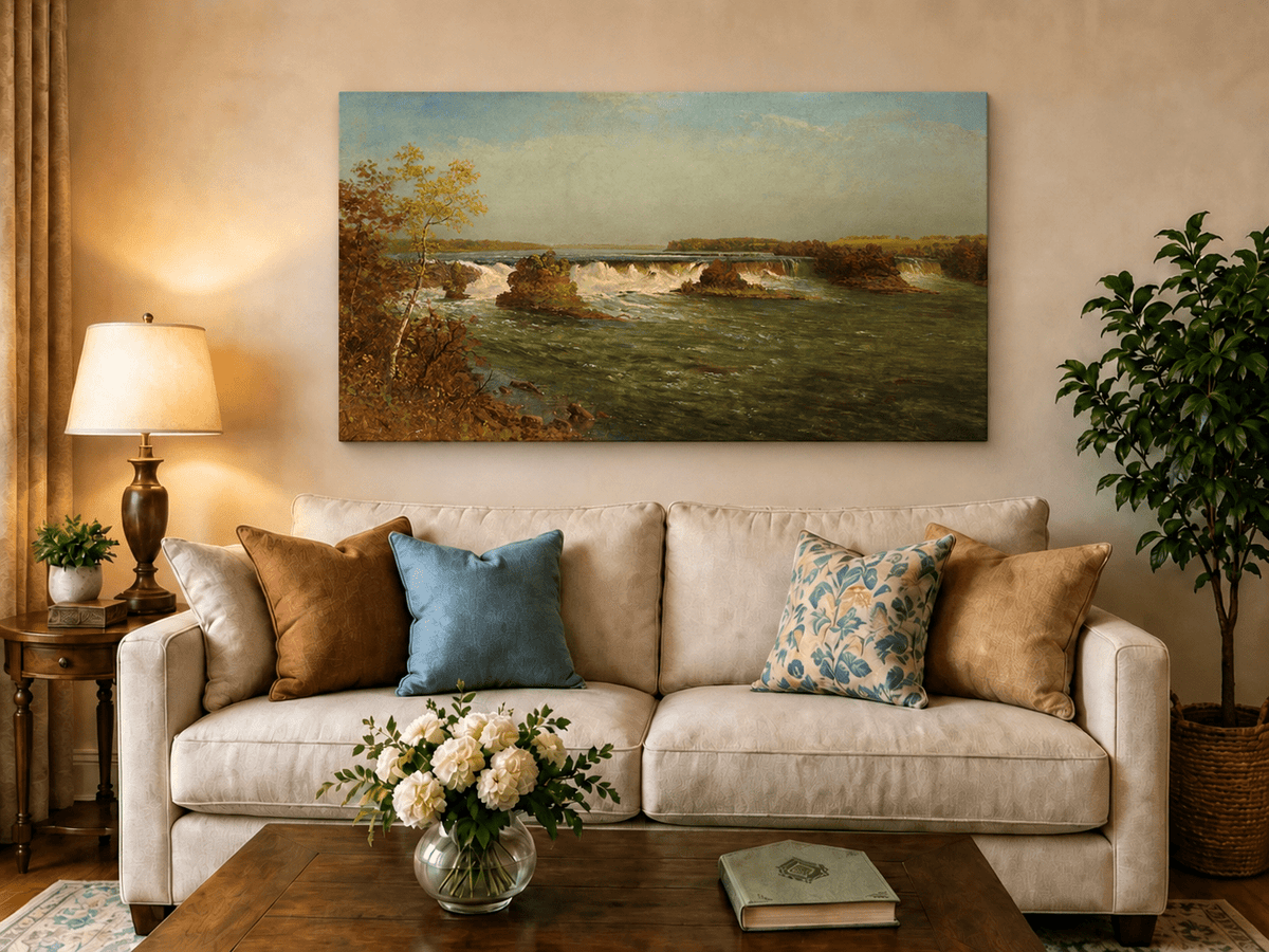 Unframed hand-painted autumn waterfall oil painting with rocky islands and a broad river displayed above a neutral living room sofa.