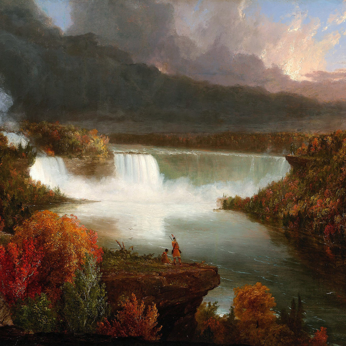 Autumn Waterfall Over a Majestic River Gorge – Landscape Oil Painting - Oil Painting Haven