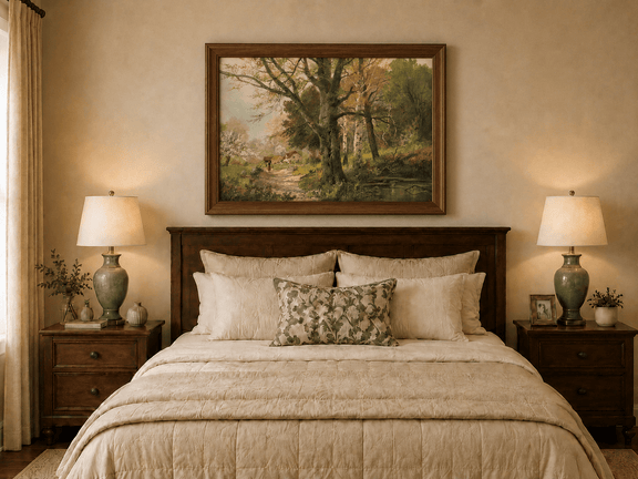 Framed hand-painted autumn woodland oil painting with a path leading to a country cottage displayed above a wooden bed in a neutral bedroom.