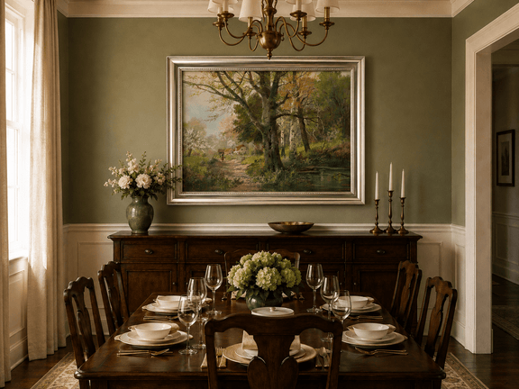 Framed hand-painted autumn woodland oil painting with a path leading to a country cottage displayed above a formal dining table.