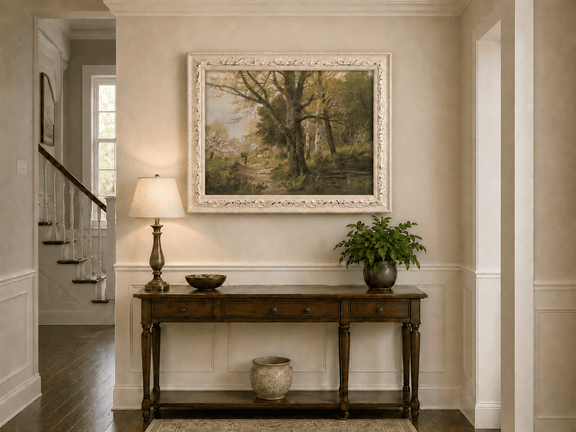 Framed hand-painted autumn woodland oil painting with a path leading to a country cottage displayed above an entryway console table.