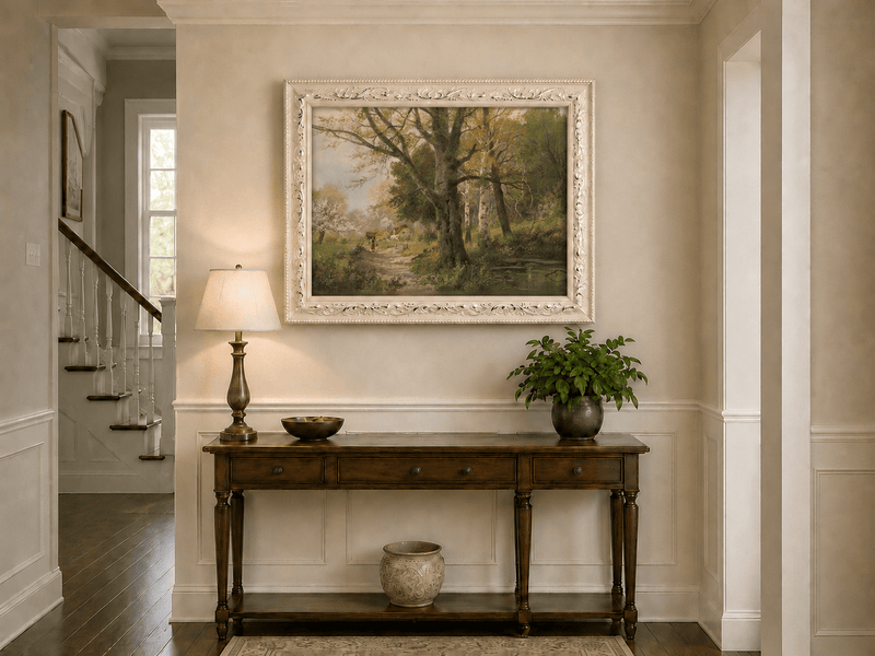 Framed hand-painted autumn woodland oil painting with a path leading to a country cottage displayed above an entryway console table.