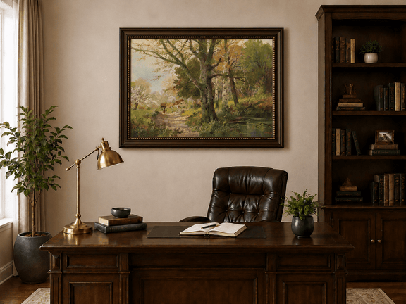 Framed hand-painted autumn woodland oil painting with a path leading to a country cottage displayed above a traditional home office desk.