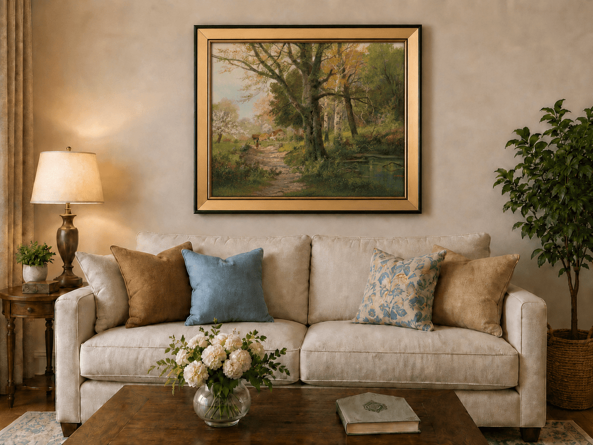 Framed hand-painted autumn woodland oil painting with a path leading to a country cottage displayed above a neutral living room sofa.