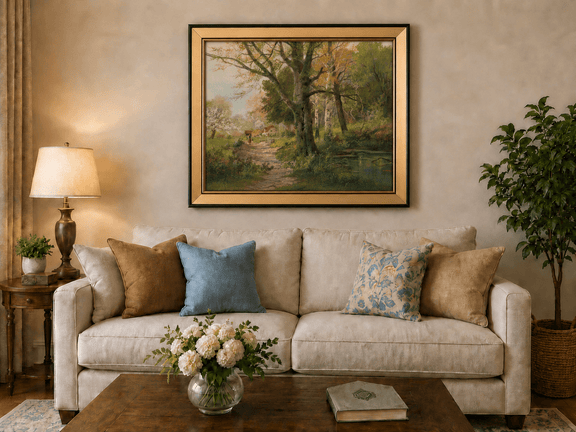 Framed hand-painted autumn woodland oil painting with a path leading to a country cottage displayed above a neutral living room sofa.