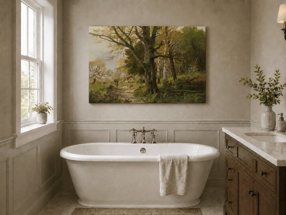 Unframed hand-painted autumn woodland oil painting with a path leading to a country cottage displayed above a freestanding bathtub.