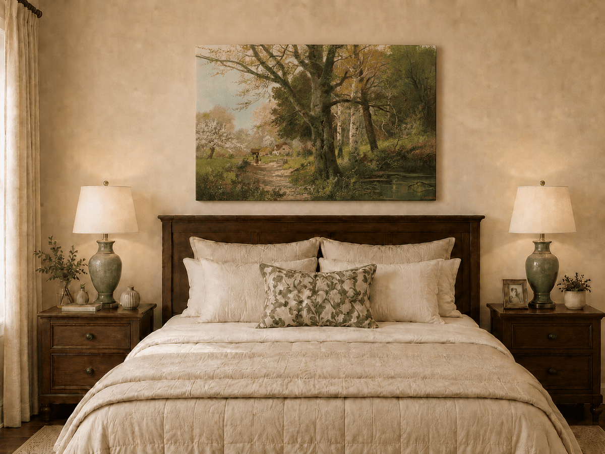 Unframed hand-painted autumn woodland oil painting with a path leading to a country cottage displayed above a wooden bed in a neutral bedroom.