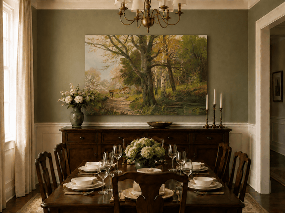 Unframed hand-painted autumn woodland oil painting with a path leading to a country cottage displayed above a formal dining table.