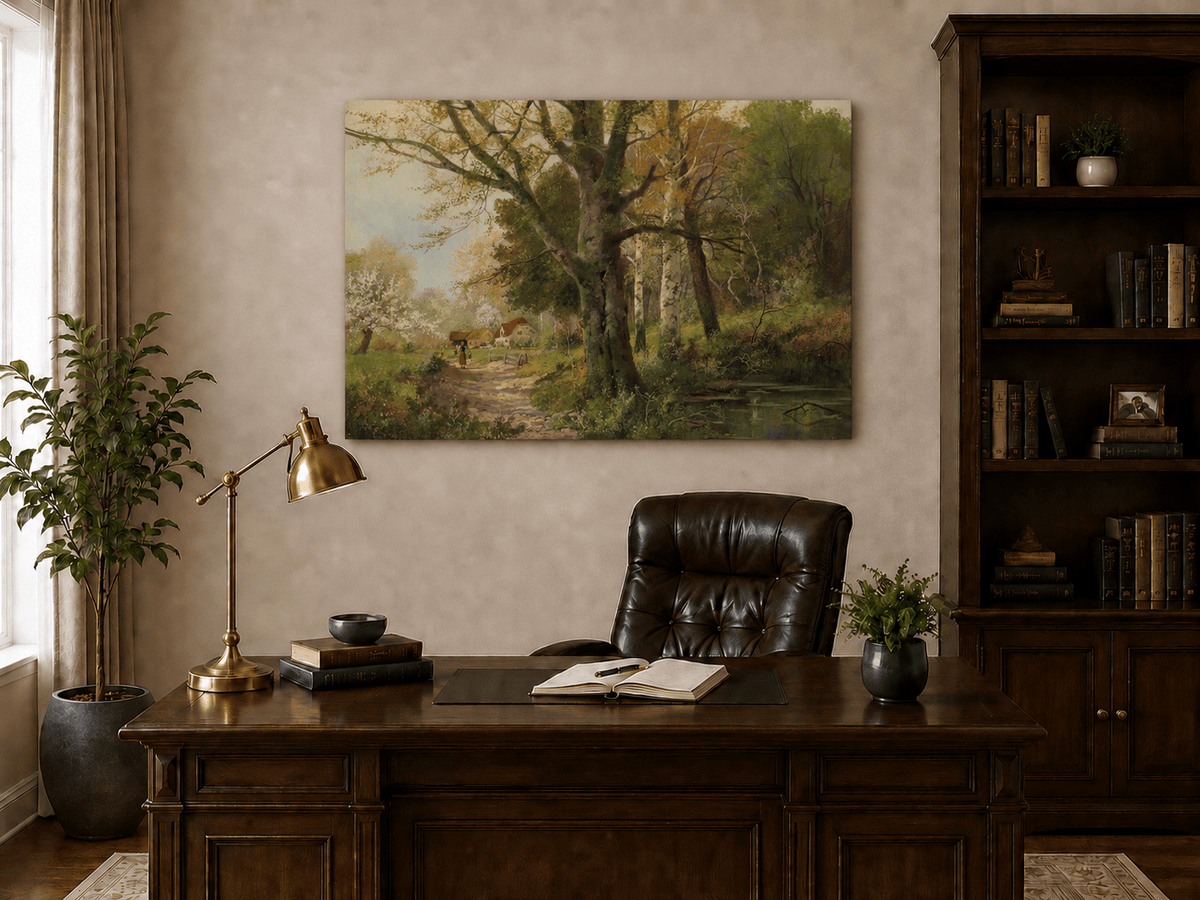 Unframed hand-painted autumn woodland oil painting with a path leading to a country cottage displayed above a traditional home office desk.