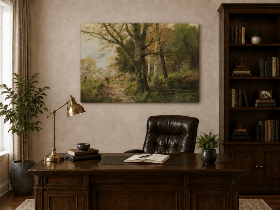 Unframed hand-painted autumn woodland oil painting with a path leading to a country cottage displayed above a traditional home office desk.