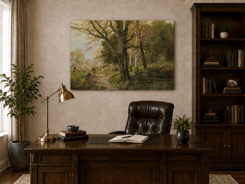 Unframed hand-painted autumn woodland oil painting with a path leading to a country cottage displayed above a traditional home office desk.