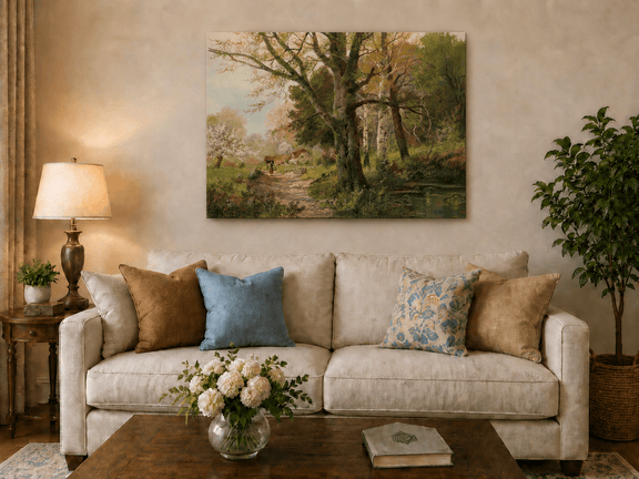 Unframed hand-painted autumn woodland oil painting with a path leading to a country cottage displayed above a neutral living room sofa.