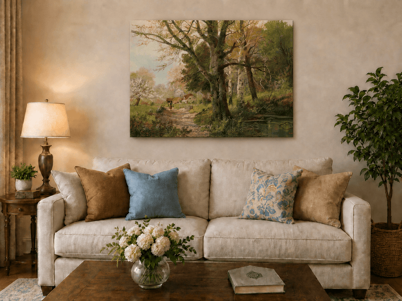 Unframed hand-painted autumn woodland oil painting with a path leading to a country cottage displayed above a neutral living room sofa.