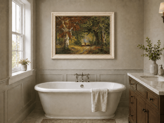 Framed hand-painted autumn woodland path oil painting beneath tall golden trees displayed above a freestanding bathtub.