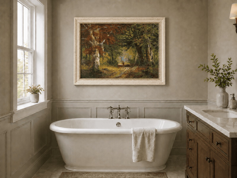 Framed hand-painted autumn woodland path oil painting beneath tall golden trees displayed above a freestanding bathtub.