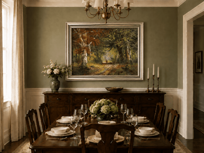 Framed hand-painted autumn woodland path oil painting beneath tall golden trees displayed above a formal dining table.