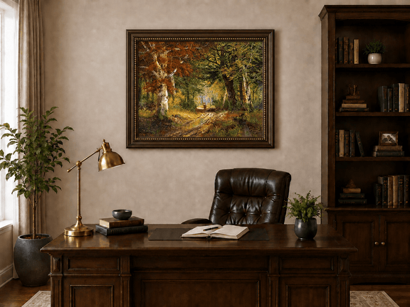 Framed hand-painted autumn woodland path oil painting beneath tall golden trees displayed above a traditional home office desk.