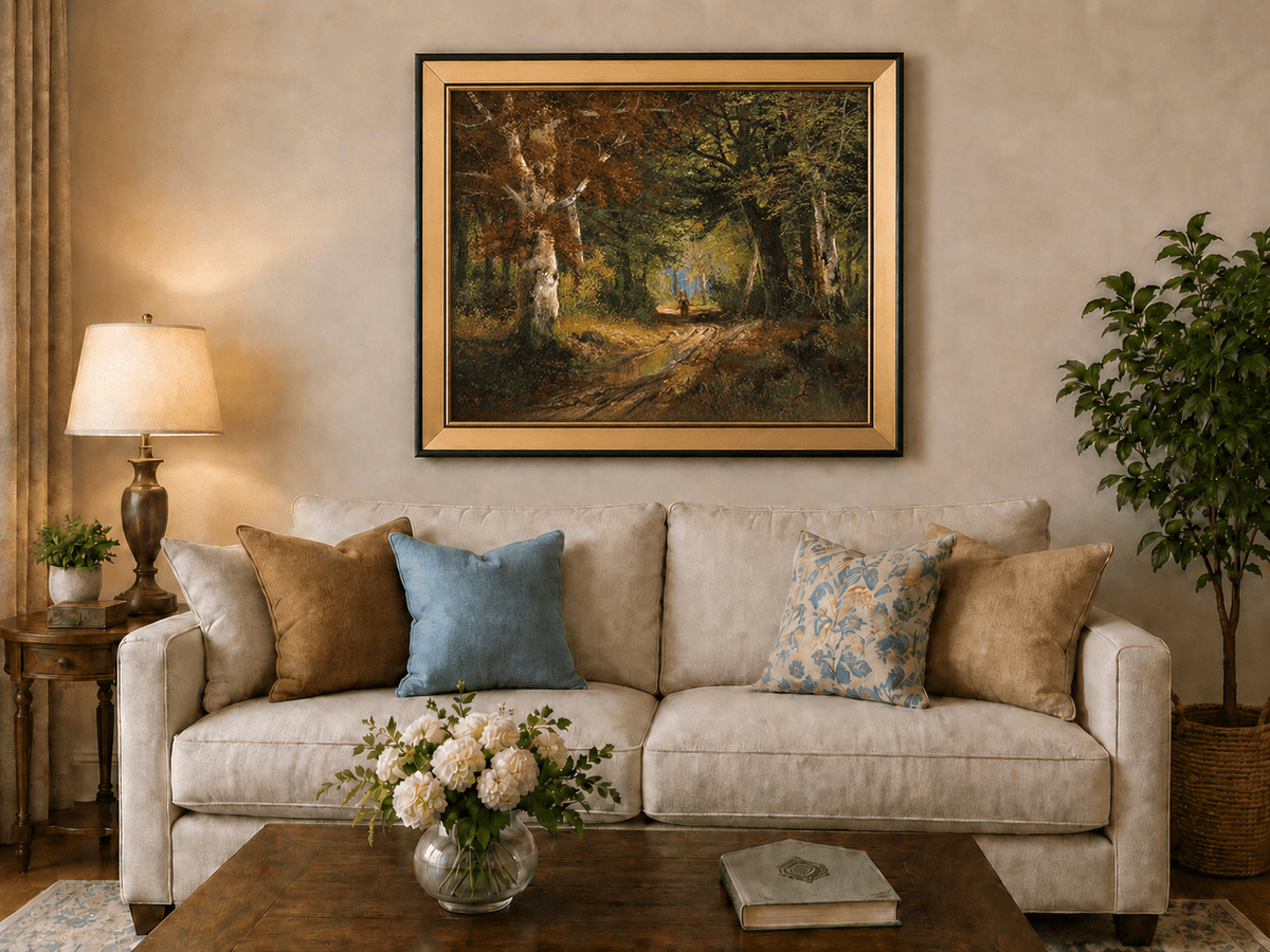 Framed hand-painted autumn woodland path oil painting beneath tall golden trees displayed above a neutral living room sofa.