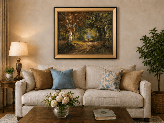 Framed hand-painted autumn woodland path oil painting beneath tall golden trees displayed above a neutral living room sofa.