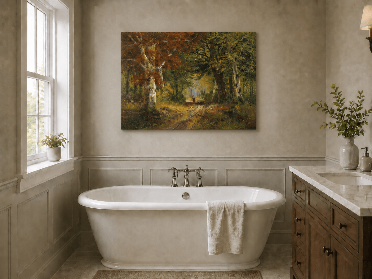 Unframed hand-painted autumn woodland path oil painting beneath tall golden trees displayed above a freestanding bathtub.