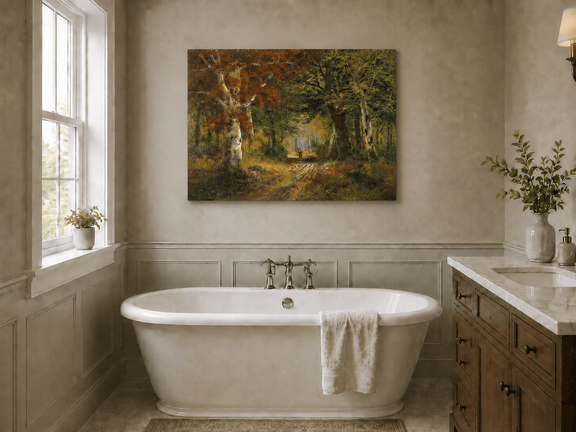 Unframed hand-painted autumn woodland path oil painting beneath tall golden trees displayed above a freestanding bathtub.