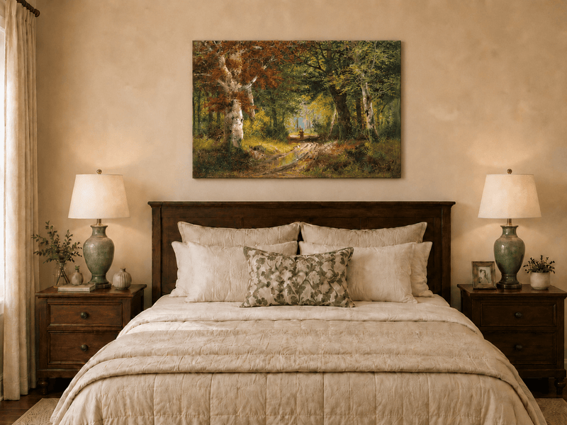 Unframed hand-painted autumn woodland path oil painting beneath tall golden trees displayed above a wooden bed in a neutral bedroom.