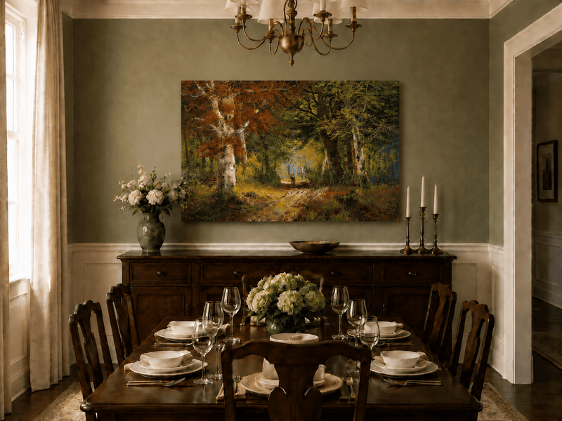 Unframed hand-painted autumn woodland path oil painting beneath tall golden trees displayed above a formal dining table.