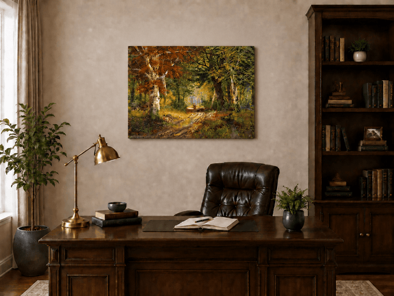 Unframed hand-painted autumn woodland path oil painting beneath tall golden trees displayed above a traditional home office desk.