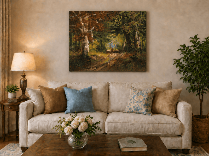 Unframed hand-painted autumn woodland path oil painting beneath tall golden trees displayed above a neutral living room sofa.