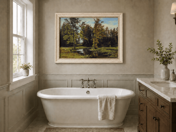 Framed hand-painted autumn woodland pond oil painting with trees reflected in still water displayed above a freestanding bathtub.
