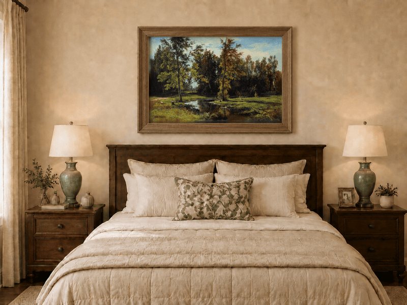 Framed hand-painted autumn woodland pond oil painting with trees reflected in still water displayed above a wooden bed in a neutral bedroom.