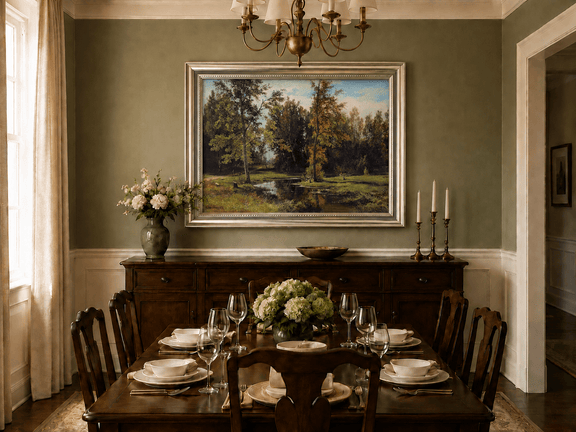 Framed hand-painted autumn woodland pond oil painting with trees reflected in still water displayed above a formal dining table.