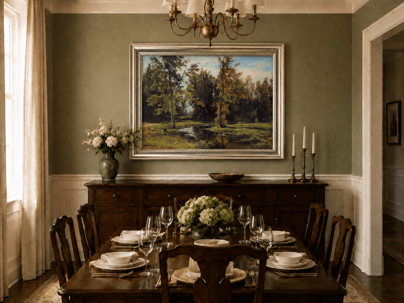 Framed hand-painted autumn woodland pond oil painting with trees reflected in still water displayed above a formal dining table.