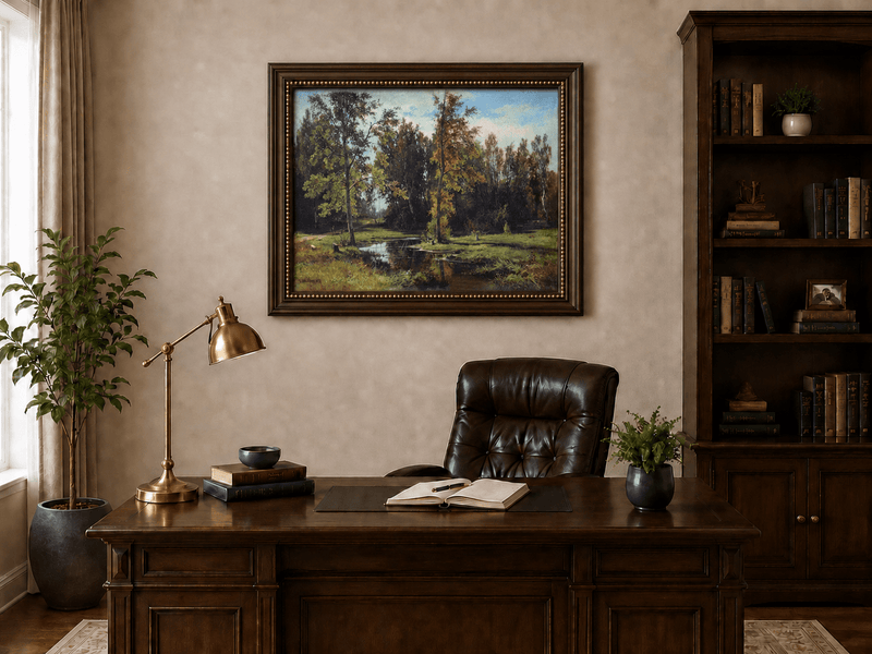 Framed hand-painted autumn woodland pond oil painting with trees reflected in still water displayed above a traditional home office desk.
