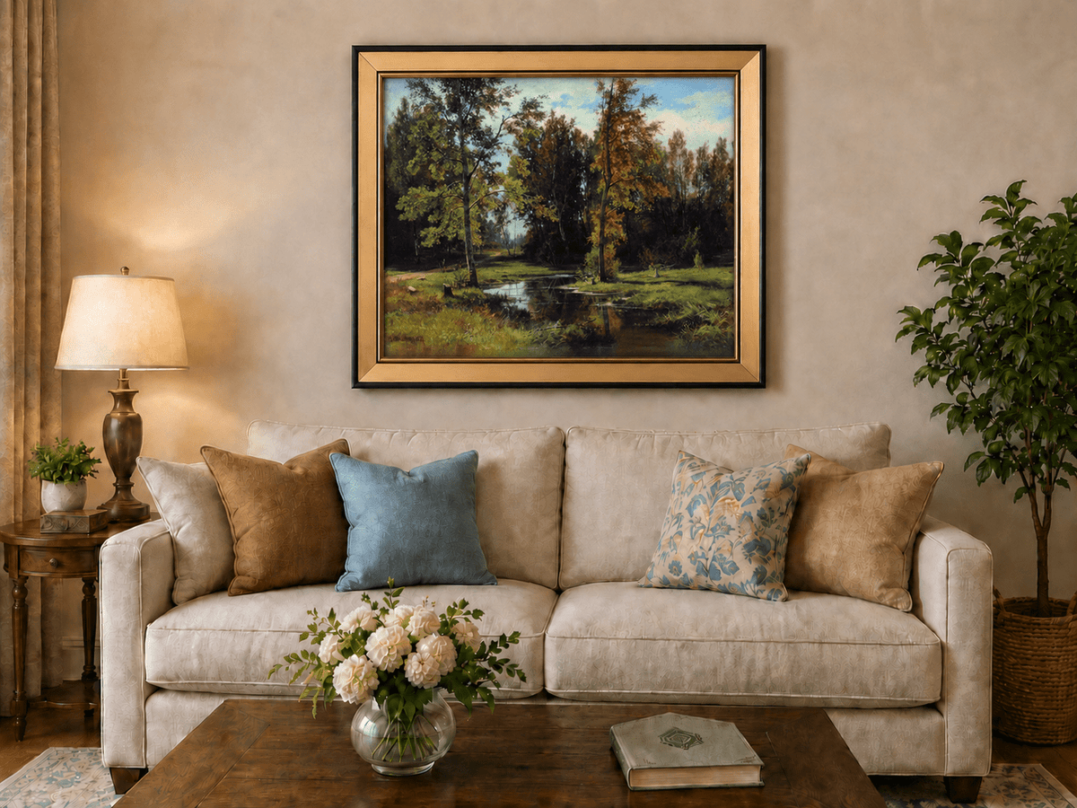 Framed hand-painted autumn woodland pond oil painting with trees reflected in still water displayed above a neutral living room sofa.