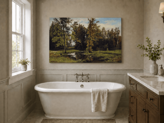 Unframed hand-painted autumn woodland pond oil painting with trees reflected in still water displayed above a freestanding bathtub.