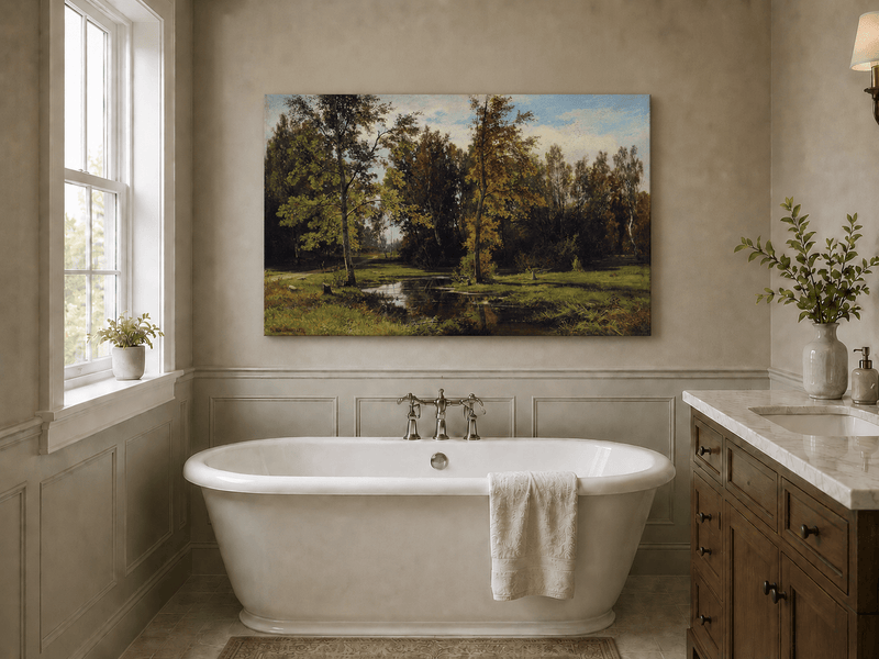 Unframed hand-painted autumn woodland pond oil painting with trees reflected in still water displayed above a freestanding bathtub.