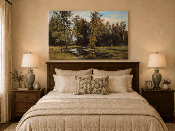Unframed hand-painted autumn woodland pond oil painting with trees reflected in still water displayed above a wooden bed in a neutral bedroom.