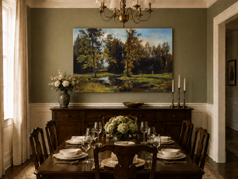 Unframed hand-painted autumn woodland pond oil painting with trees reflected in still water displayed above a formal dining table.