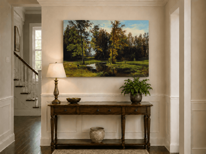 Unframed hand-painted autumn woodland pond oil painting with trees reflected in still water displayed above an entryway console table.