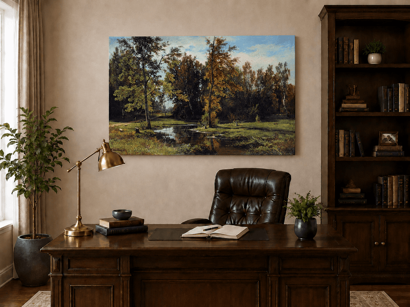 Unframed hand-painted autumn woodland pond oil painting with trees reflected in still water displayed above a traditional home office desk.