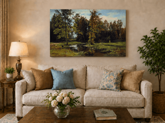 Unframed hand-painted autumn woodland pond oil painting with trees reflected in still water displayed above a neutral living room sofa.