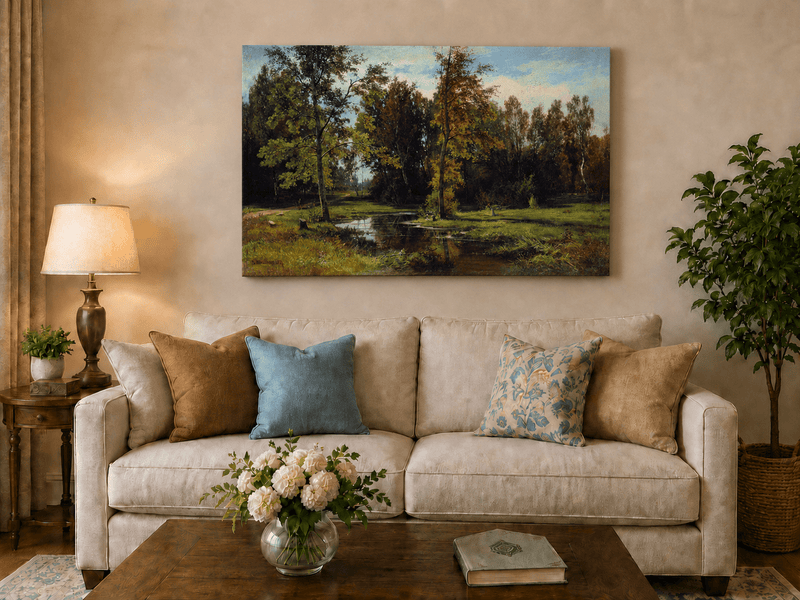 Unframed hand-painted autumn woodland pond oil painting with trees reflected in still water displayed above a neutral living room sofa.