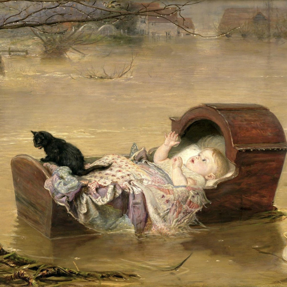 Baby in Cradle Floating on Flood Water - People Oil Painting - Oil Painting Haven