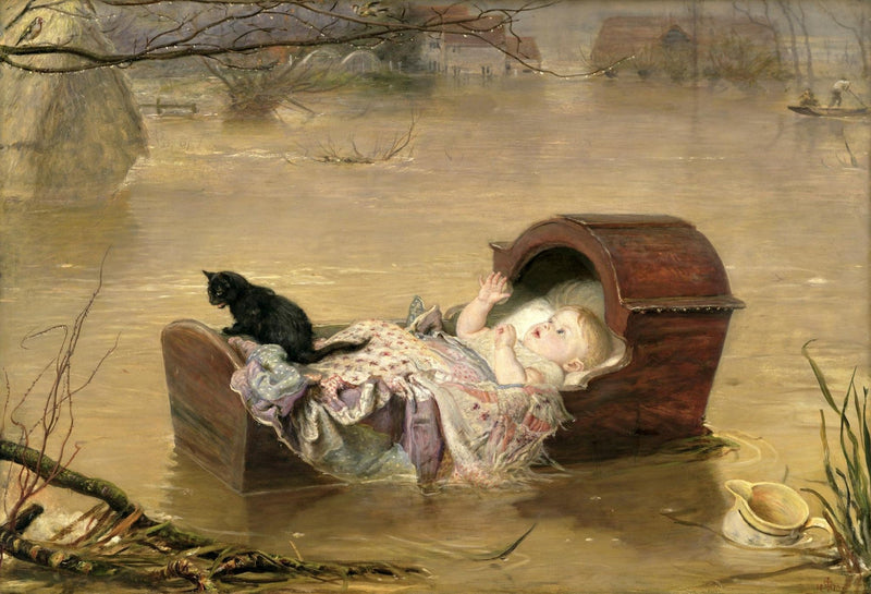 Baby in Cradle Floating on Flood Water - People Oil Painting - Oil Painting Haven