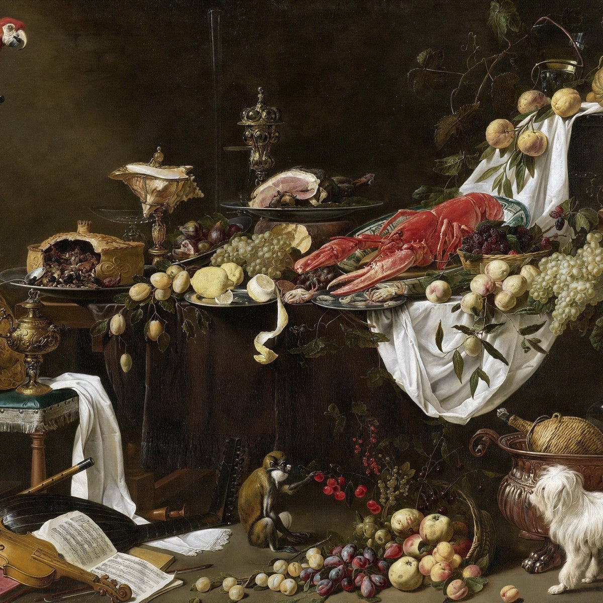 Baroque Feast with Lobster and Parrot - Still Life Oil Painting - Oil Painting Haven