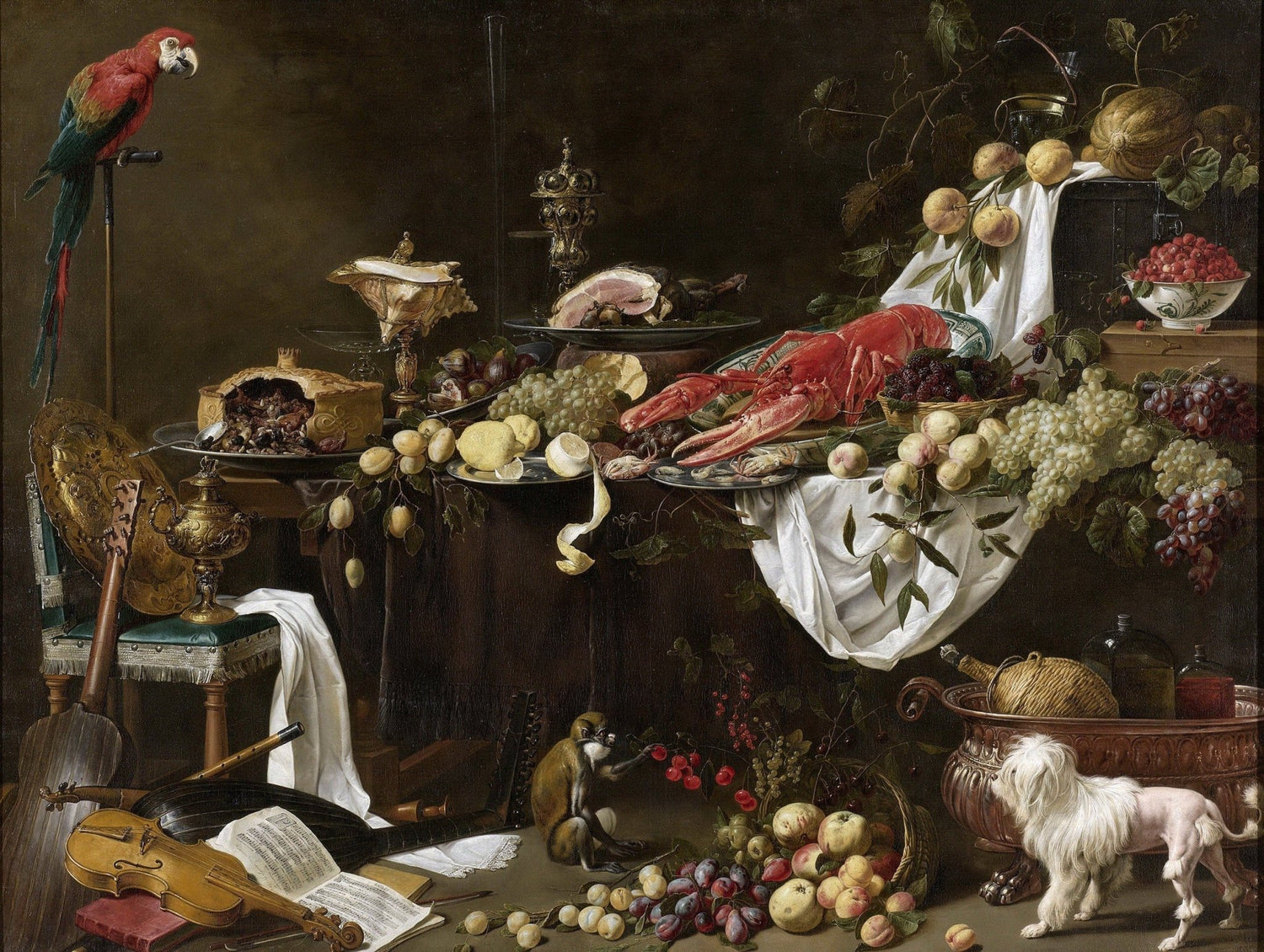 Baroque Feast with Lobster and Parrot - Still Life Oil Painting - Oil Painting Haven